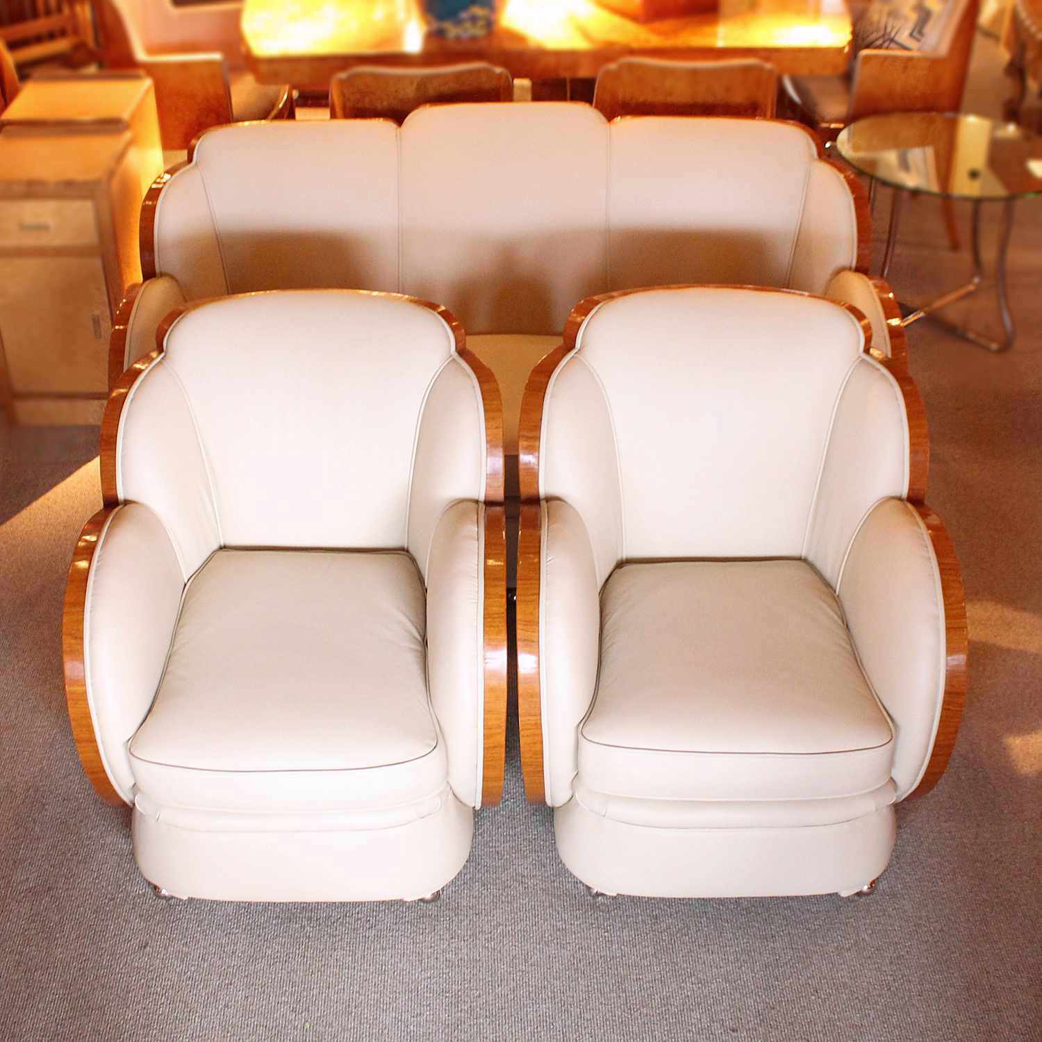 Epstein Art Deco three piece cloud suite in burr walnut at Jeroen Markies Art Deco