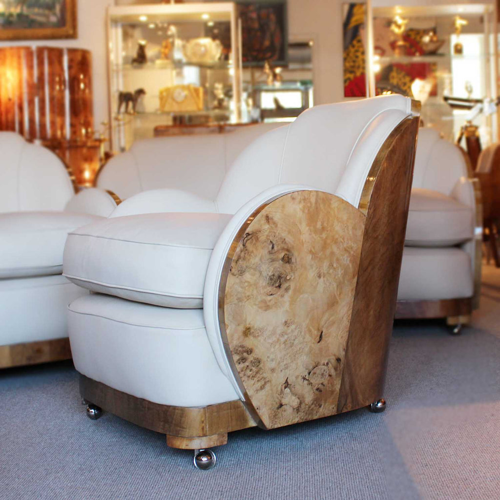 Epstein Art Deco three piece cloud suite with walnut wraps at Jeroen Markies