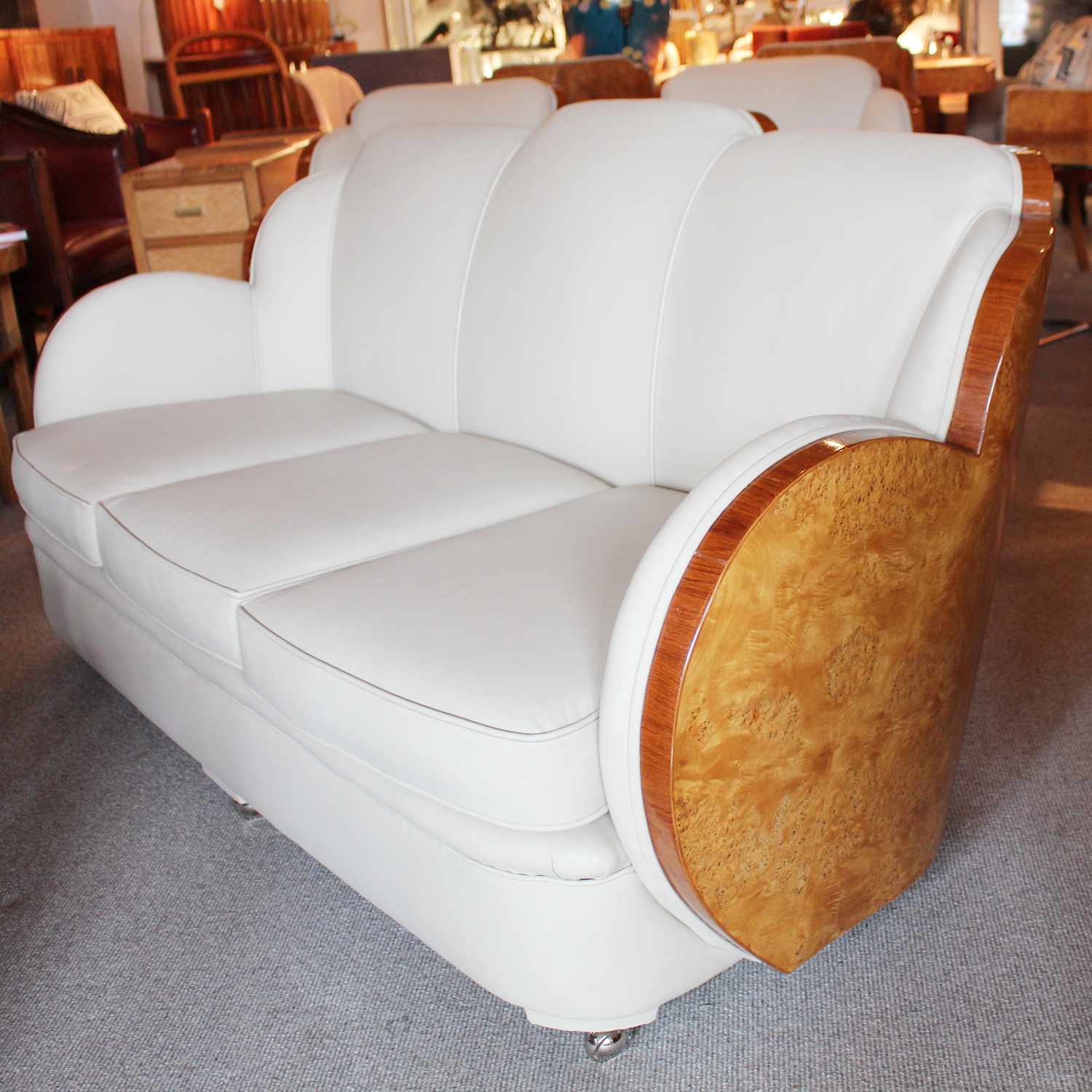 Epstein Art Deco three piece cloud suite in burr walnut at Jeroen Markies Art Deco