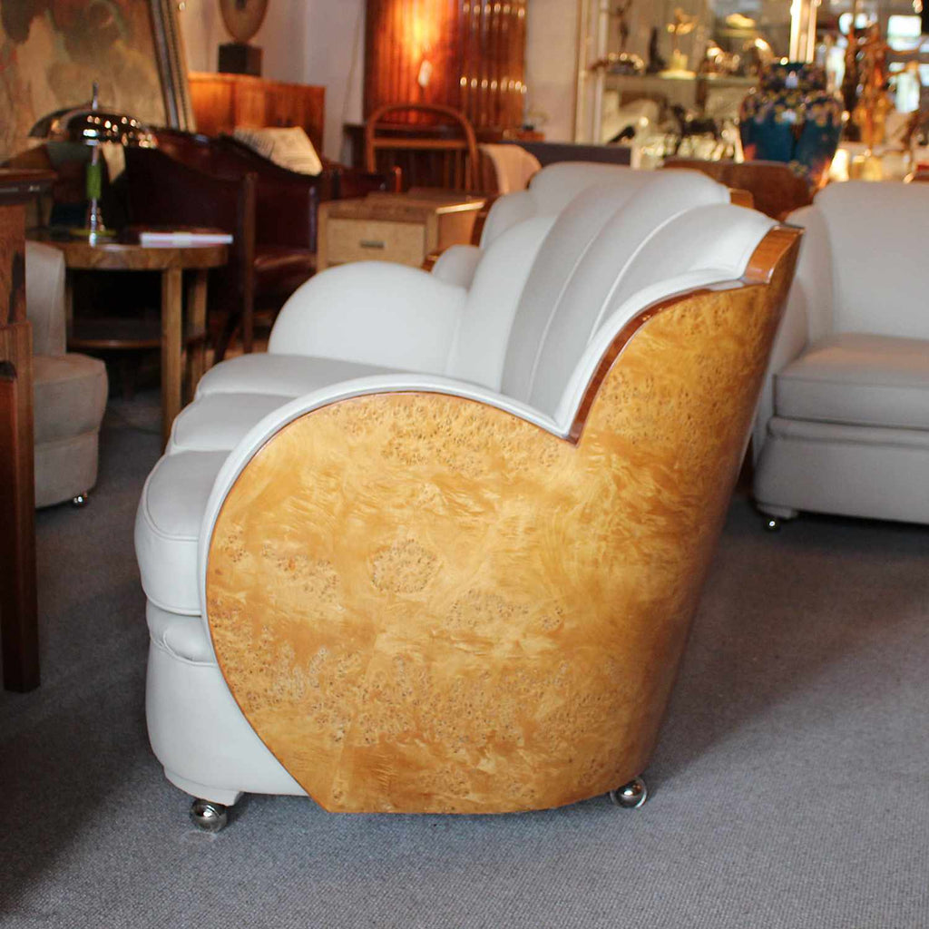 Epstein Art Deco three piece cloud suite in burr walnut at Jeroen Markies Art Deco