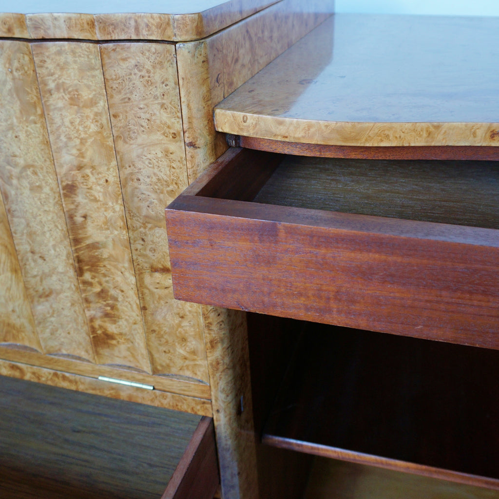Art Deco Cocktail Sideboard by Harry & Lou Epstein, Burr Walnut Veneered throughout. Jeroen Markies Art Deco