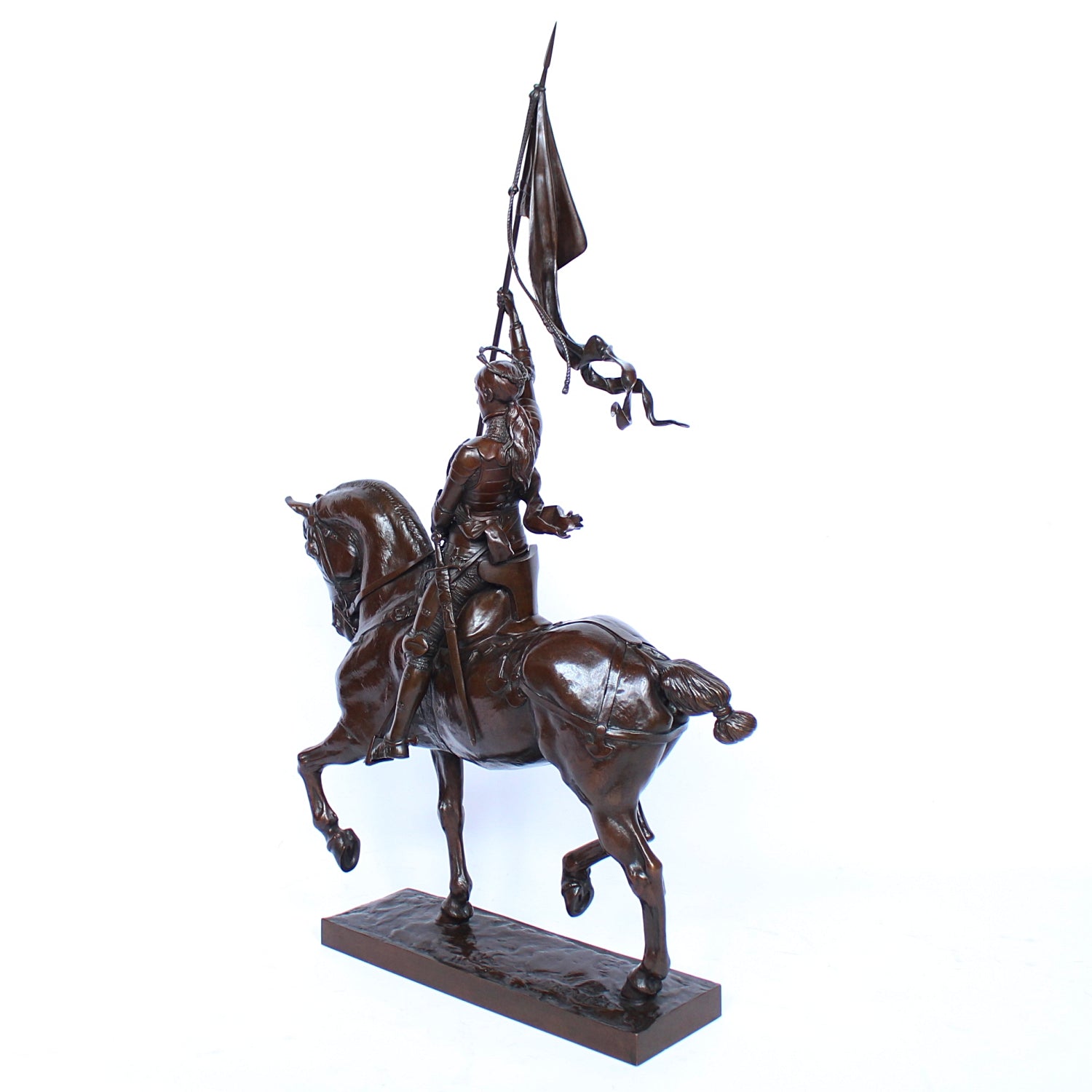 Jeanne d'Arc. A stunning early salon version of the famous Joan of Arc in the Place des Pyramides in Paris. Wonderful rich brown patina and stunning hand chased detail and characterisation. Set on an integral, naturalistic plinth. Signed E Fremiet to cast at Jeroen Markies