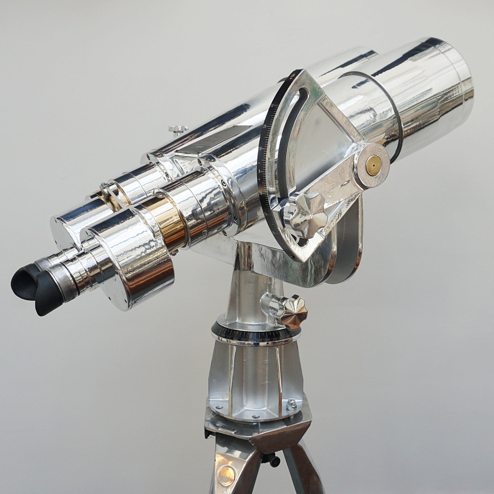 25x150 Fuji Meibo Naval/Marine Binoculars on Tripod Chromed Metal and Brass Full Working Order - Jeroen Markies Art Deco