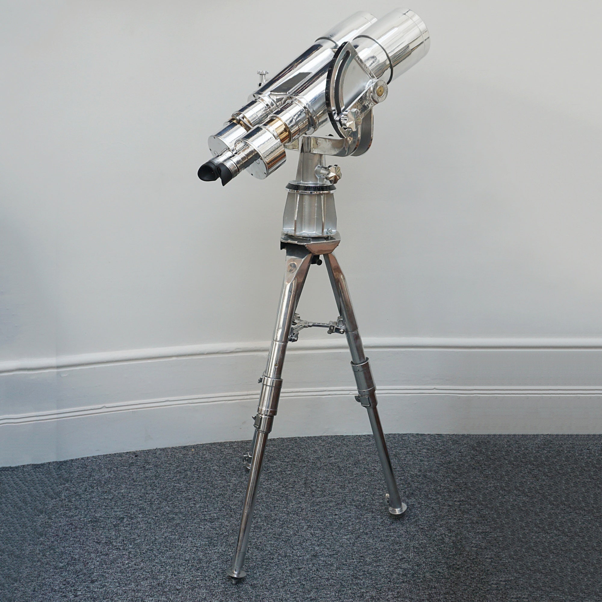 25x150 Fuji Meibo Naval/Marine Binoculars on Tripod Chromed Metal and Brass Full Working Order - Jeroen Markies Art Deco