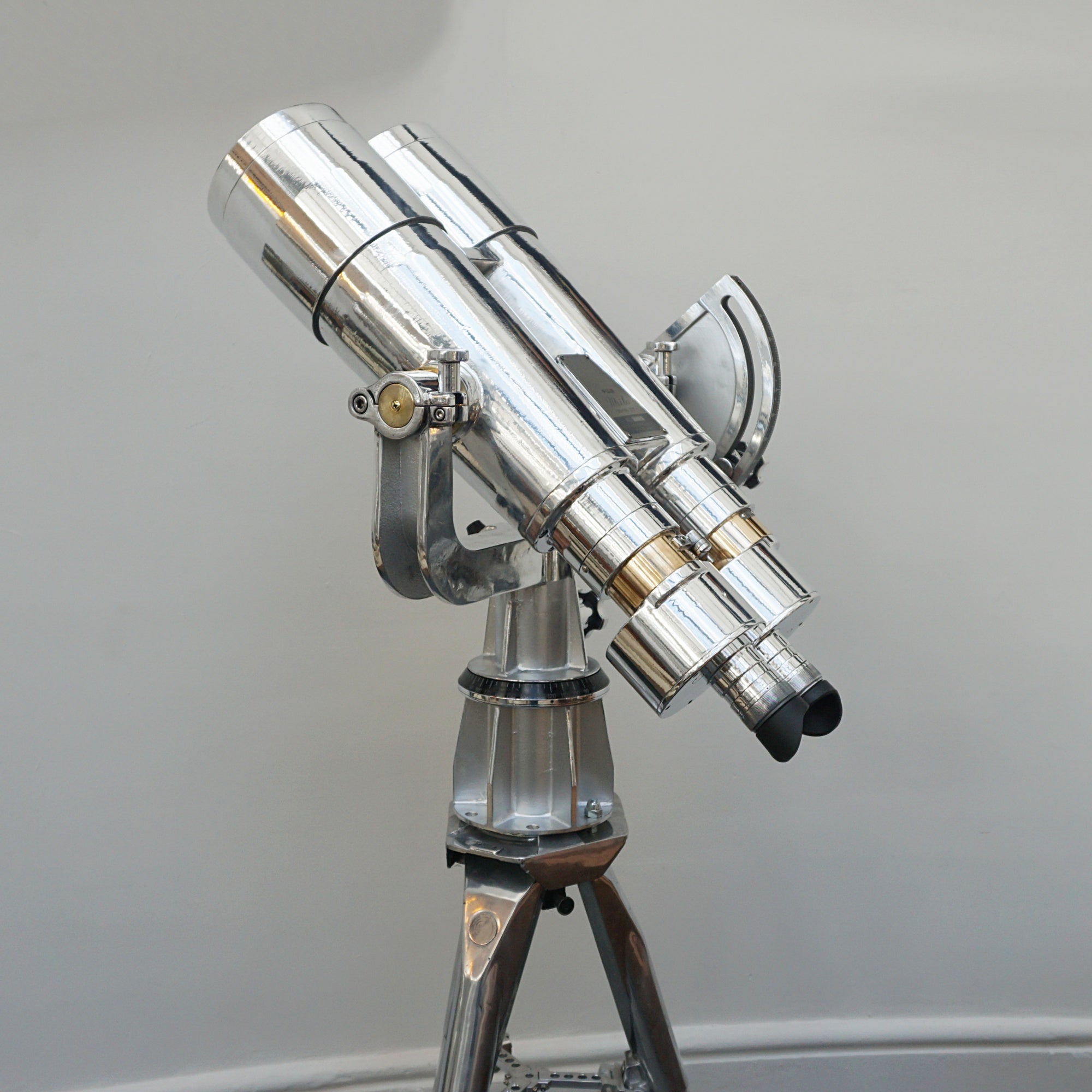 25x150 Fuji Meibo Naval/Marine Binoculars on Tripod Chromed Metal and Brass Full Working Order - Jeroen Markies Art Deco