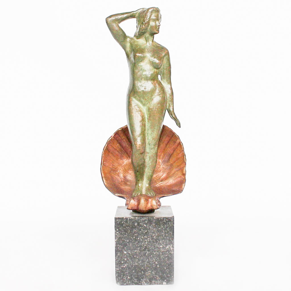 Venus, an Art Deco verdigris patinated and cold painted bronze sculpture. Depicts the figure of Venus emerging, set over a marble plinth. Chips to marble at Jeroen Markies