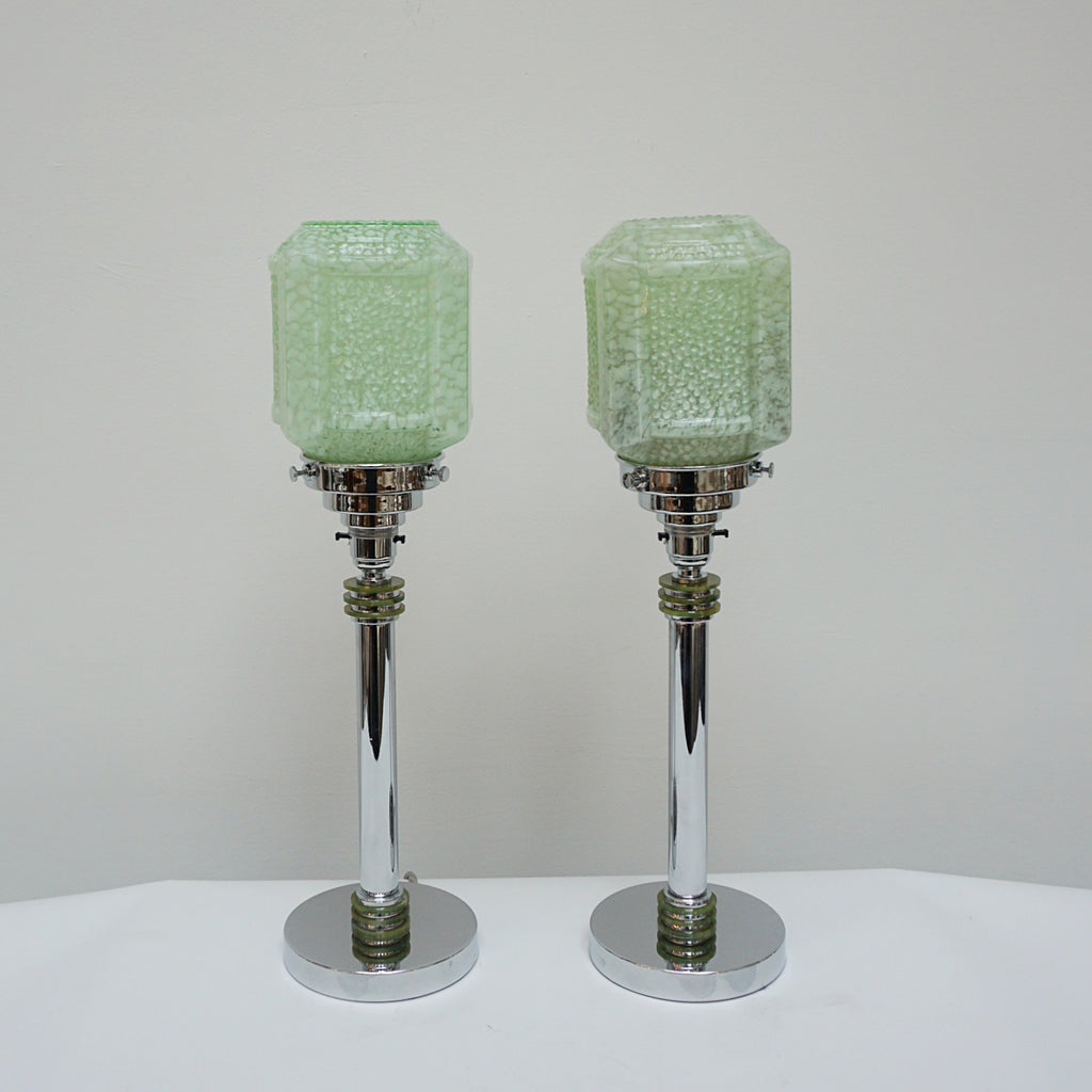 A Pair of Table Lamps - Green glass cubic shade - chromed metal stem with mottled green bakelite - Jeroen Markies Art Deco