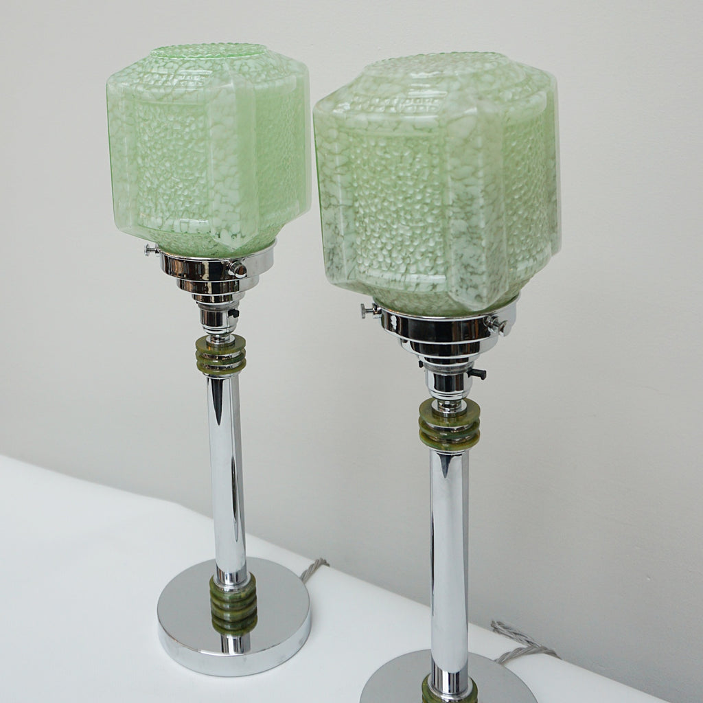 A Pair of Table Lamps - Green glass cubic shade - chromed metal stem with mottled green bakelite - Jeroen Markies Art Deco