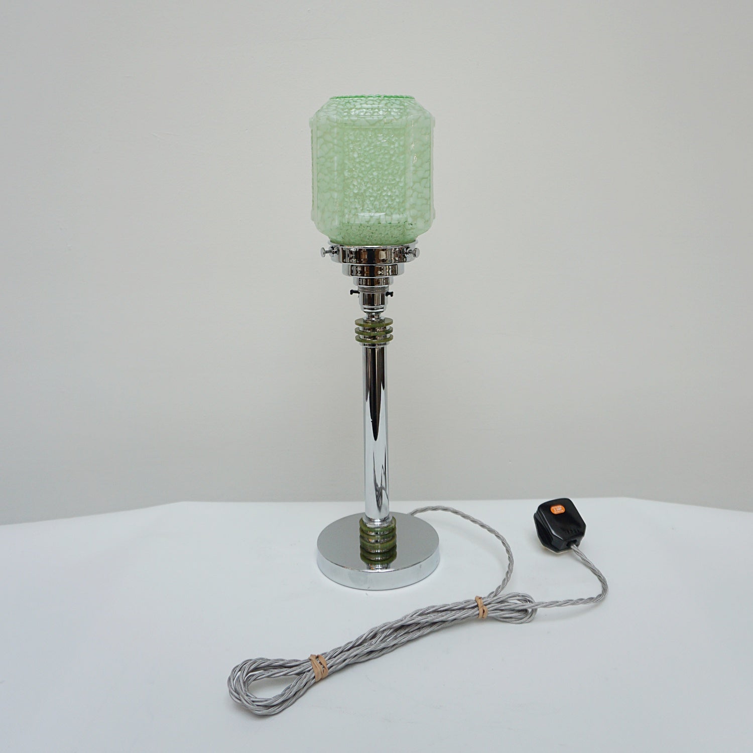 A Pair of Table Lamps - Green glass cubic shade - chromed metal stem with mottled green bakelite - Jeroen Markies Art Deco
