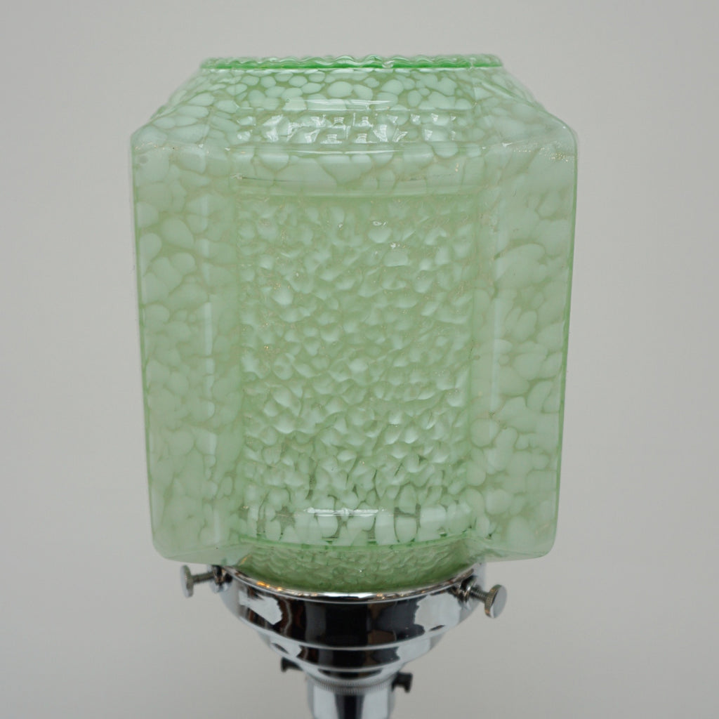 A Pair of Table Lamps - Green glass cubic shade - chromed metal stem with mottled green bakelite - Jeroen Markies Art Deco
