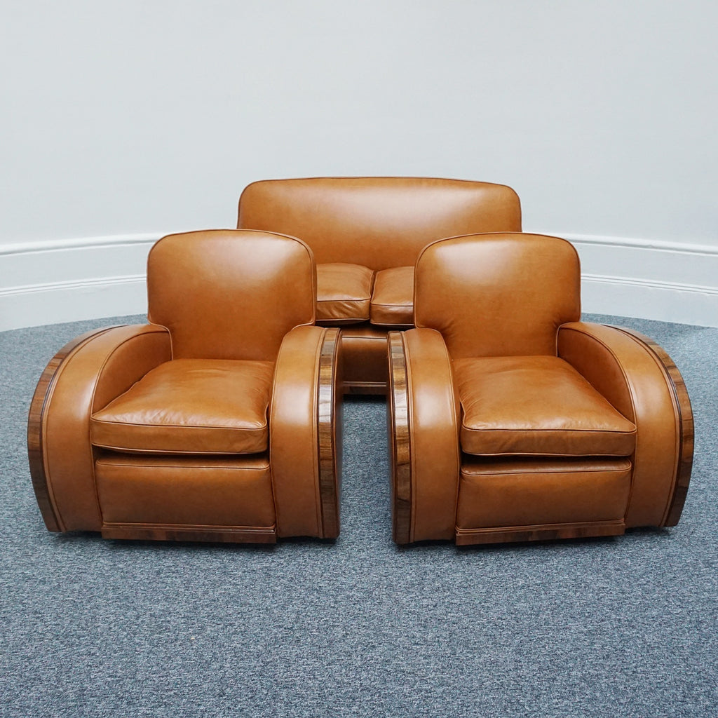 Original Art Deco Three Piece Tank Suite- Brown Leather-Walnut Banding- Jeroen Markies Art Deco