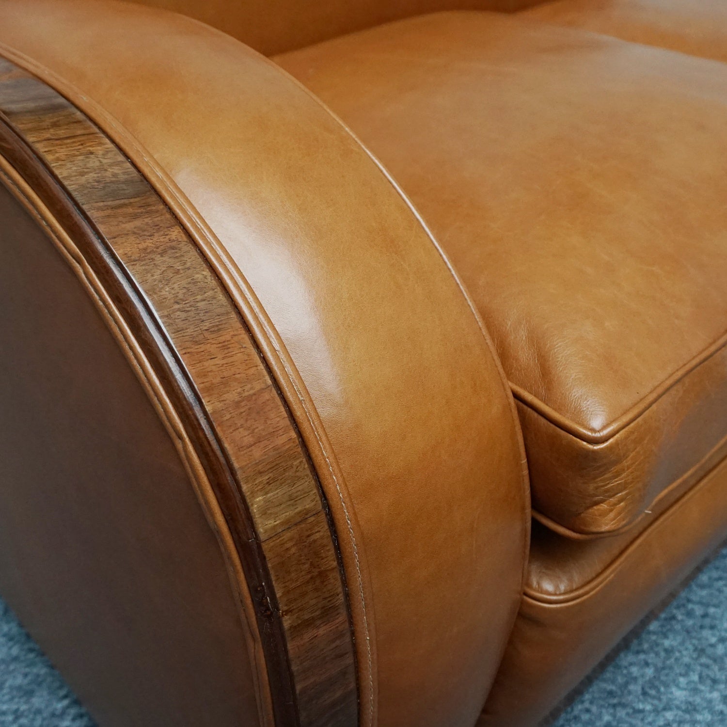 Original Art Deco Three Piece Tank Suite- Brown Leather-Walnut Banding- Jeroen Markies Art Deco
