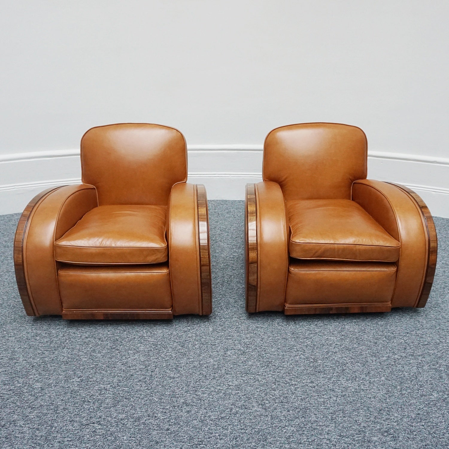 Original Art Deco Three Piece Tank Suite- Brown Leather-Walnut Banding- Jeroen Markies Art Deco