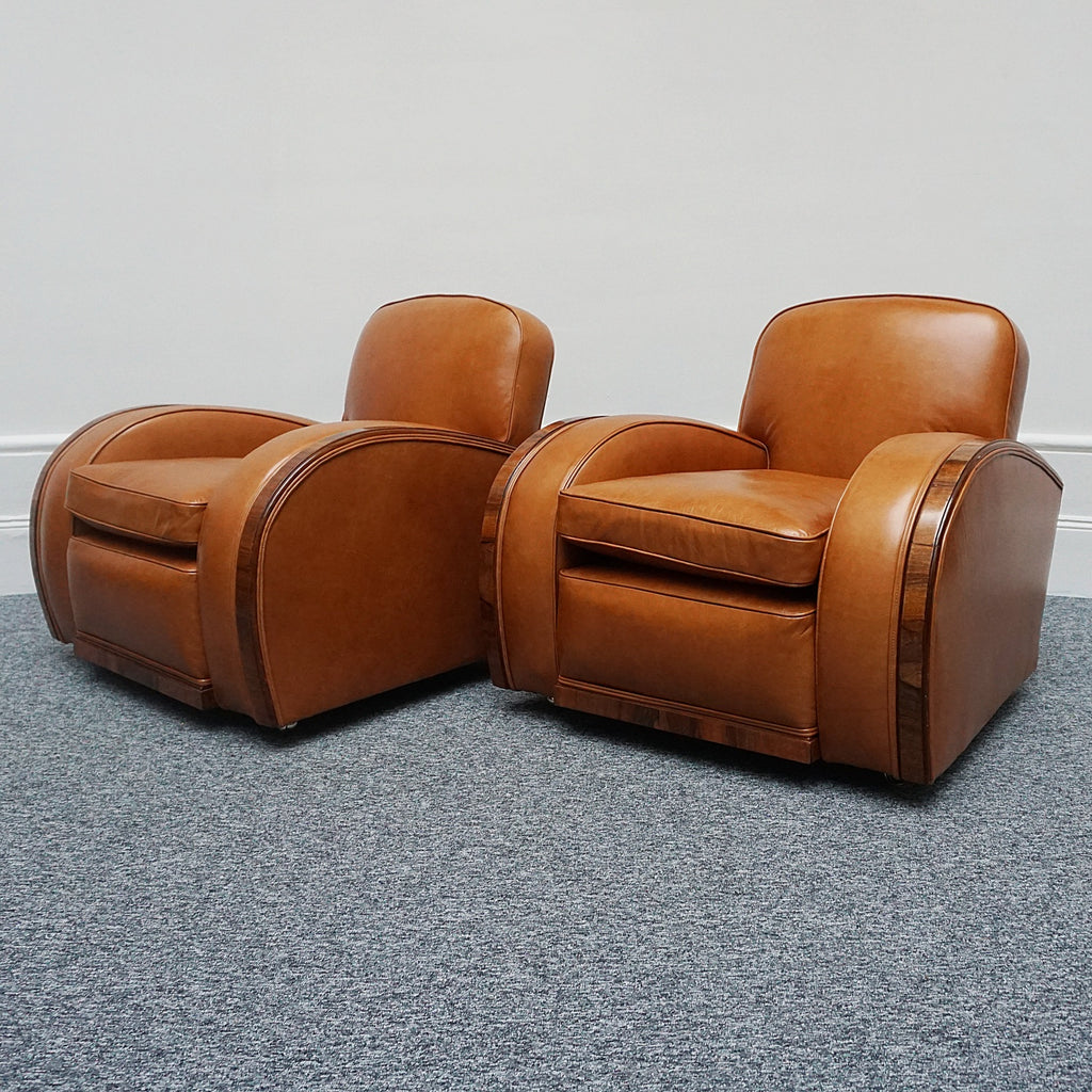 Original Art Deco Three Piece Tank Suite- Brown Leather-Walnut Banding- Jeroen Markies Art Deco