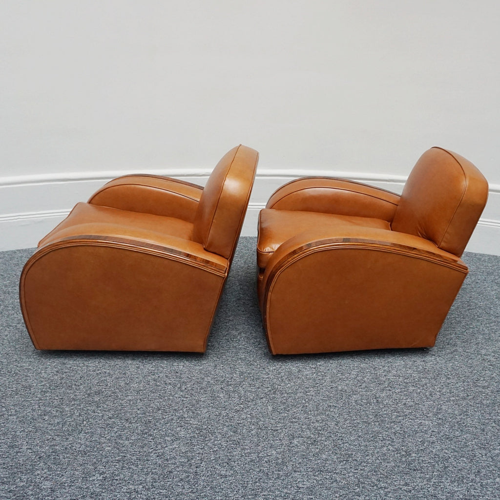 Original Art Deco Three Piece Tank Suite- Brown Leather-Walnut Banding- Jeroen Markies Art Deco