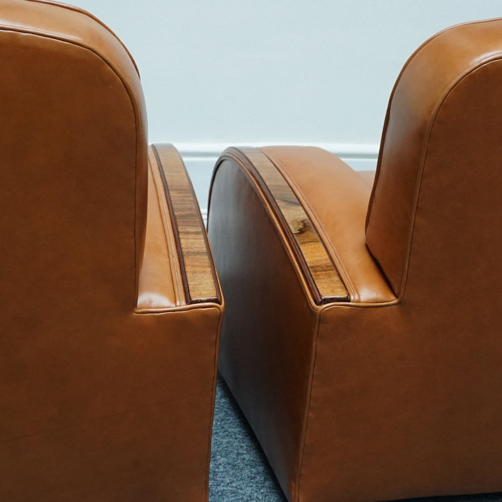 Original Art Deco Three Piece Tank Suite- Brown Leather-Walnut Banding- Jeroen Markies Art Deco