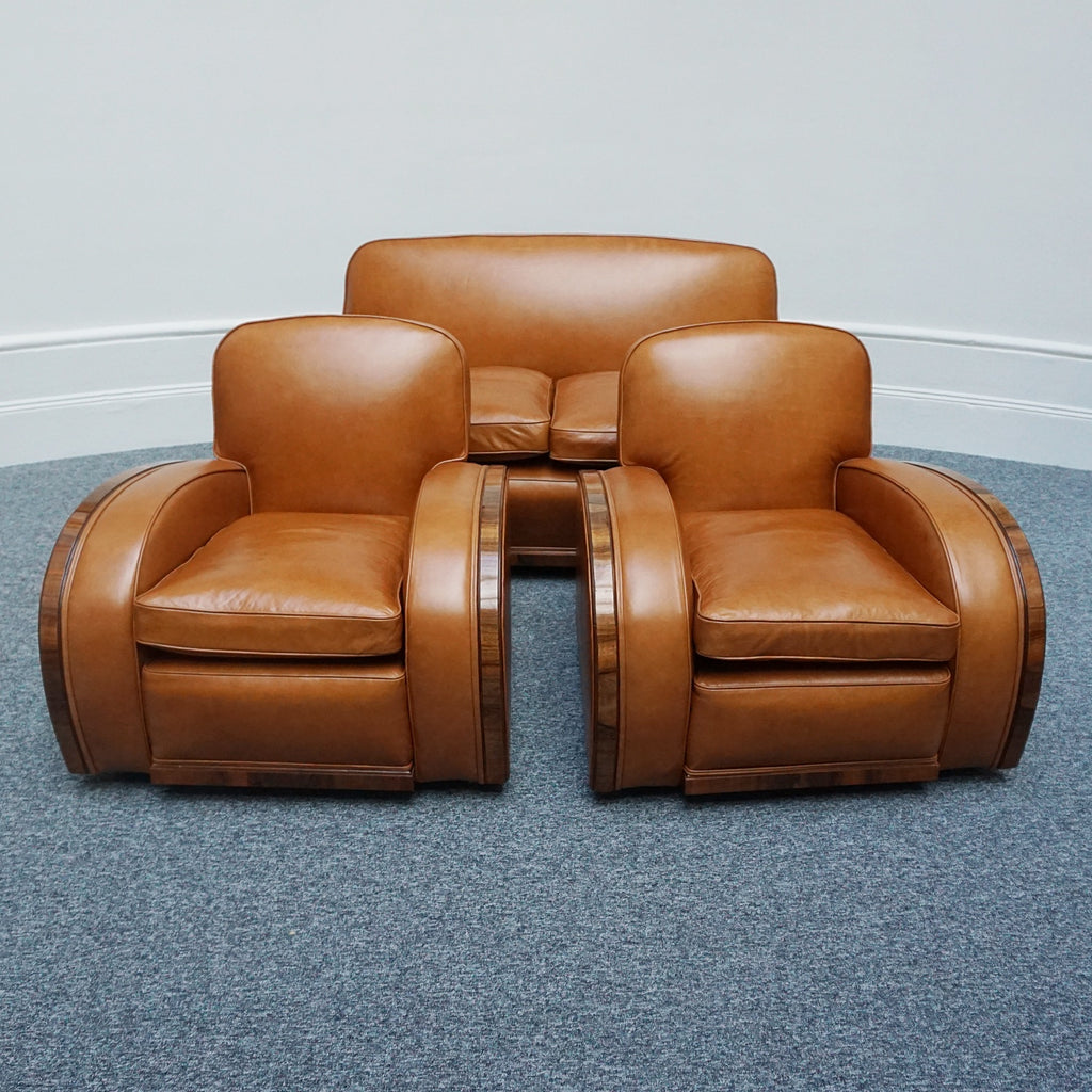 Original Art Deco Three Piece Tank Suite- Brown Leather-Walnut Banding- Jeroen Markies Art Deco