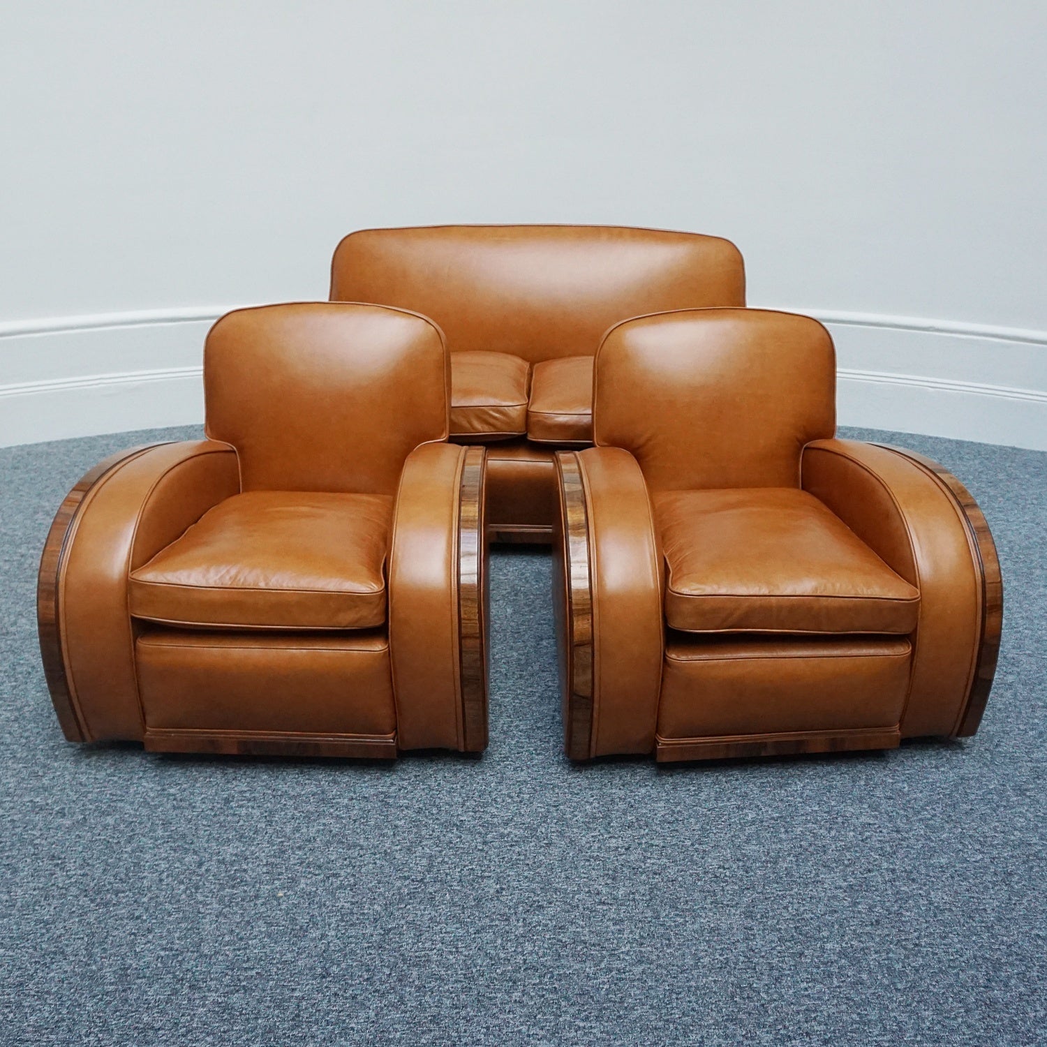 Original Art Deco Three Piece Tank Suite- Brown Leather-Walnut Banding- Jeroen Markies Art Deco