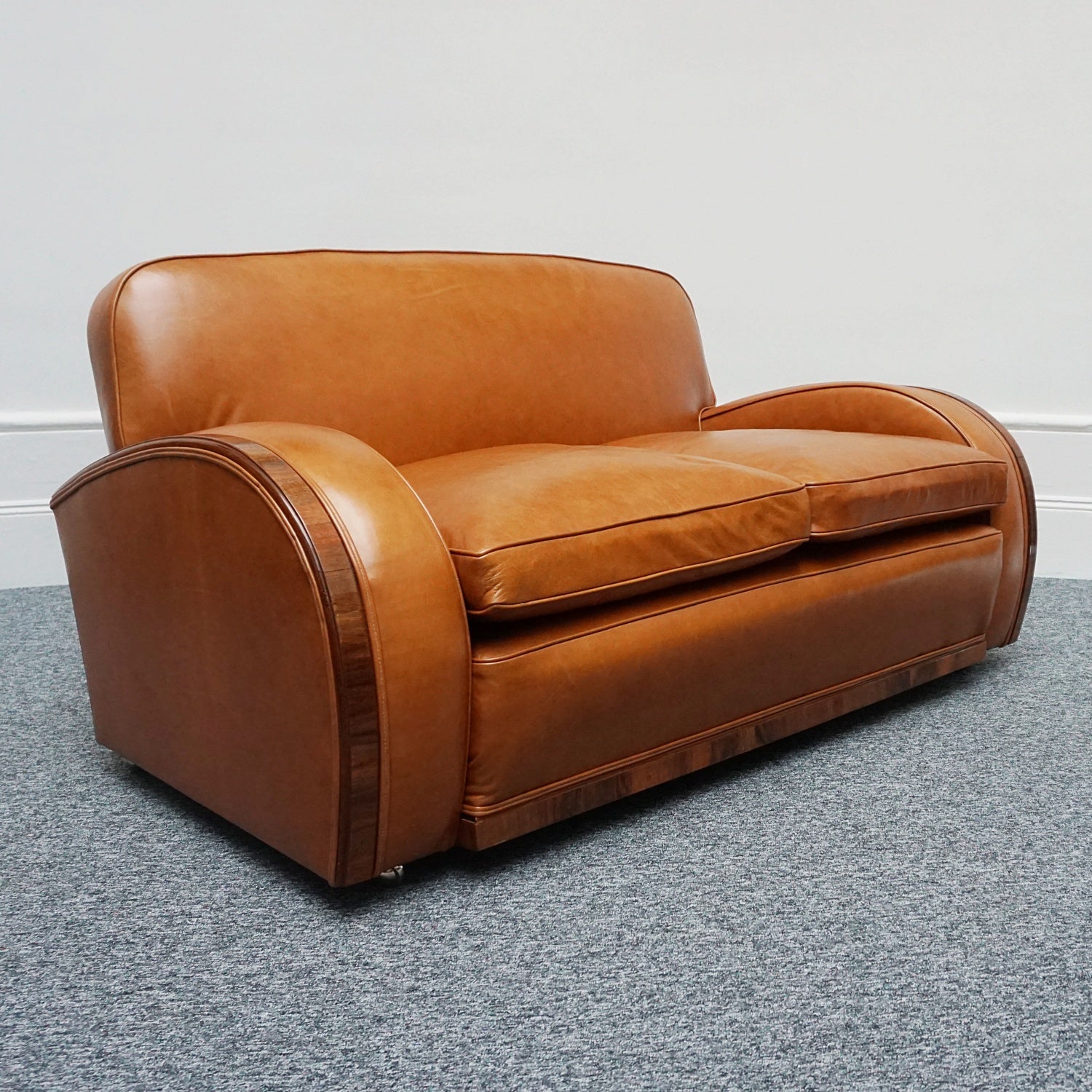 Original Art Deco Three Piece Tank Suite- Brown Leather-Walnut Banding- Jeroen Markies Art Deco