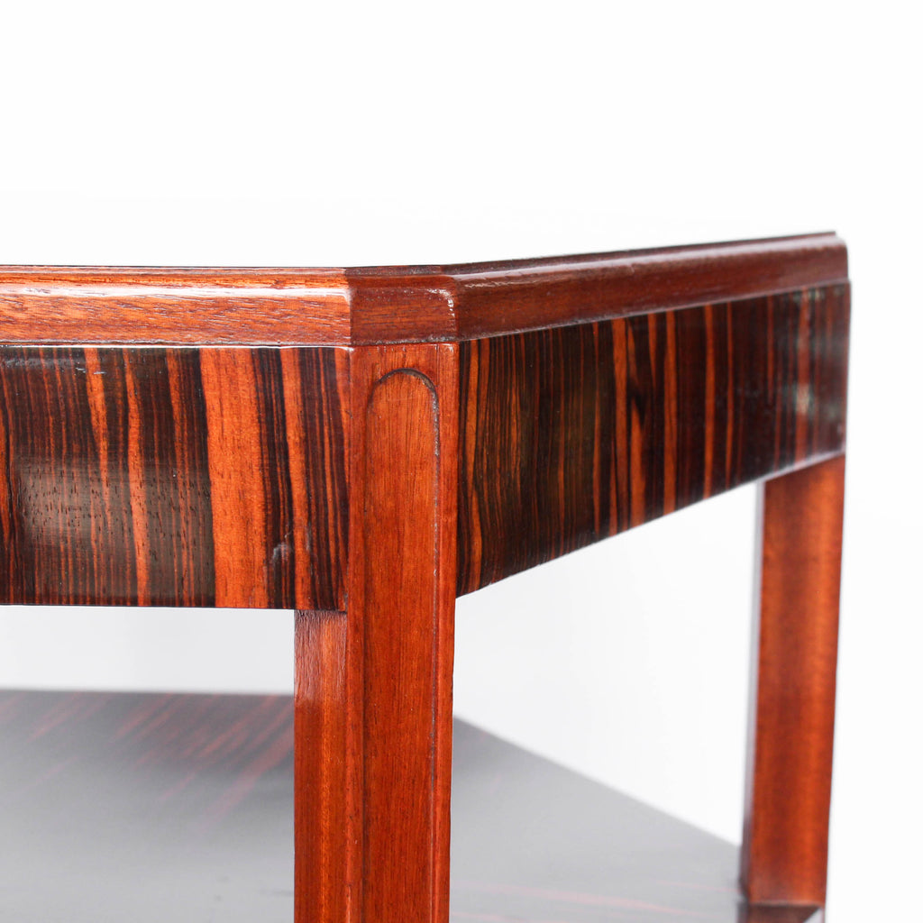 A solid, mahogany hexagonal side/centre table with macassar ebony veneer, quarter veneer to top, second tier and solid mahogany legs at Jeroen Markies