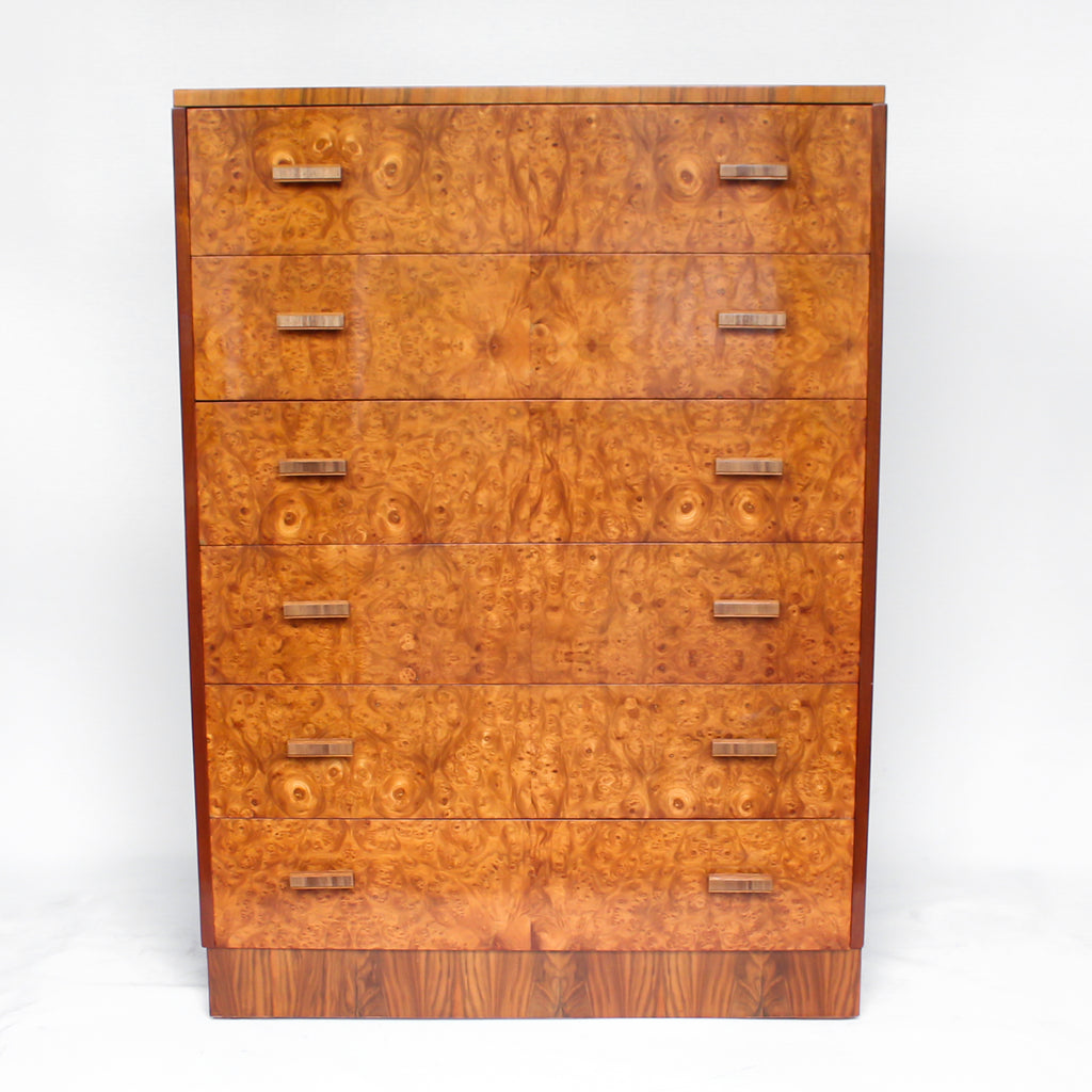 Art Deco, burr walnut chest of drawers. Original wooden handles. H.G Furniture sticker at Jeroen Markies.