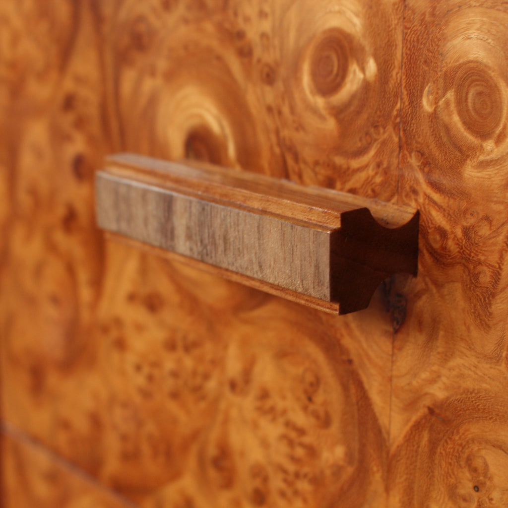 Art Deco, burr walnut chest of drawers. Original wooden handles. H.G Furniture sticker at Jeroen Markies.
