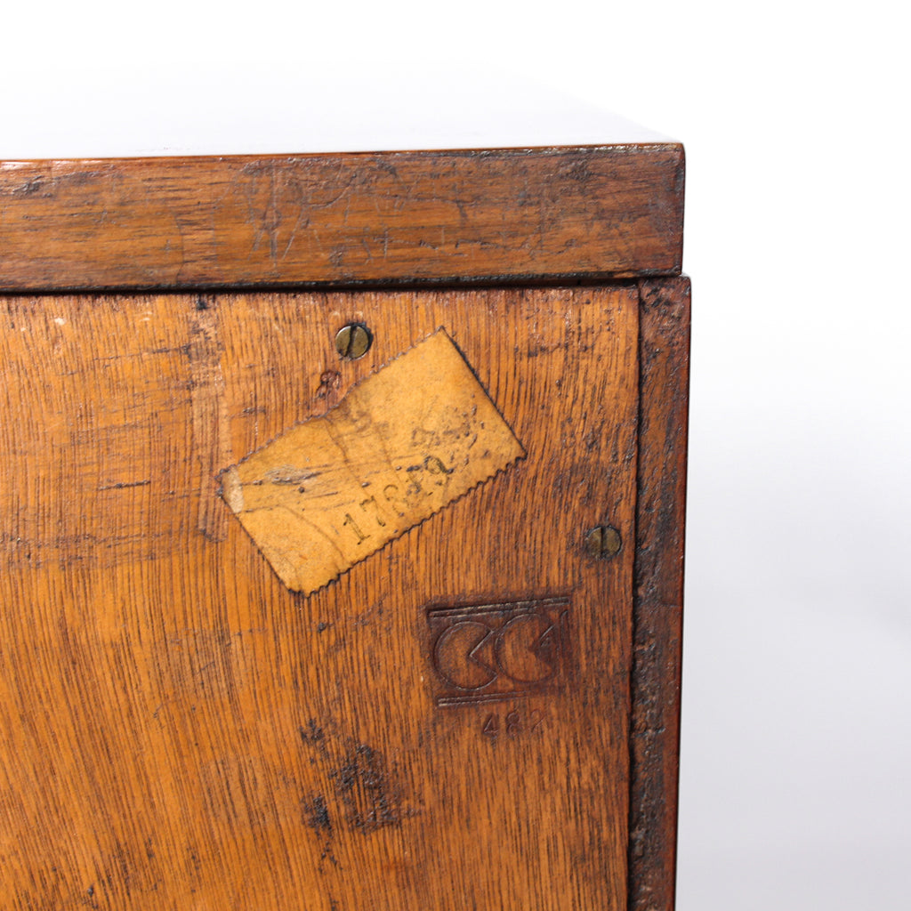 Art Deco, burr walnut chest of drawers. Original wooden handles. H.G Furniture sticker at Jeroen Markies.