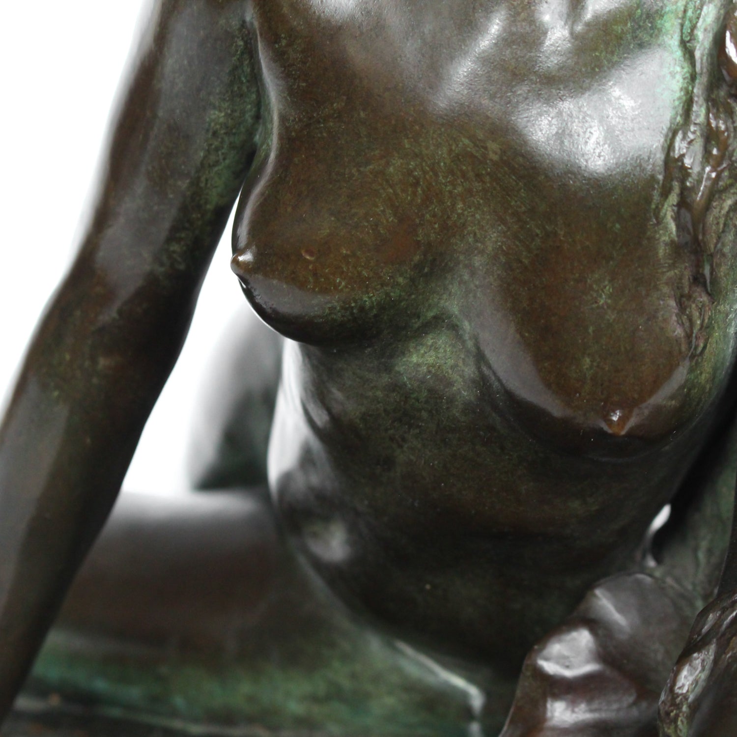 Clytie, a verdigris patinated bronze sculpture by François Louis Virieux (19th and 20thC). Depicts Clytie, the nymph infatuated with Helios, god of the sun. She eventually became a sunflower because, like the flower, she followed her unrequited love with her gaze wherever he went at Jeroen Markies.