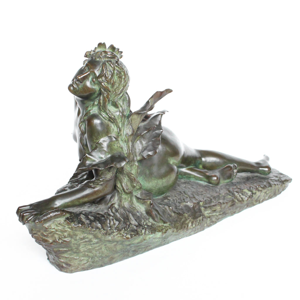 Clytie, a verdigris patinated bronze sculpture by François Louis Virieux (19th and 20thC). Depicts Clytie, the nymph infatuated with Helios, god of the sun. She eventually became a sunflower because, like the flower, she followed her unrequited love with her gaze wherever he went at Jeroen Markies.