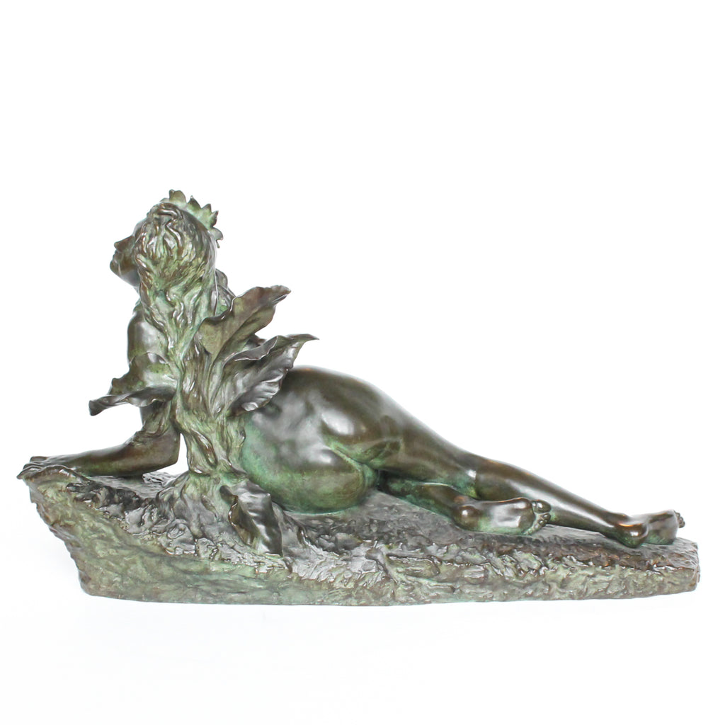 Clytie, a verdigris patinated bronze sculpture by François Louis Virieux (19th and 20thC). Depicts Clytie, the nymph infatuated with Helios, god of the sun. She eventually became a sunflower because, like the flower, she followed her unrequited love with her gaze wherever he went at Jeroen Markies.