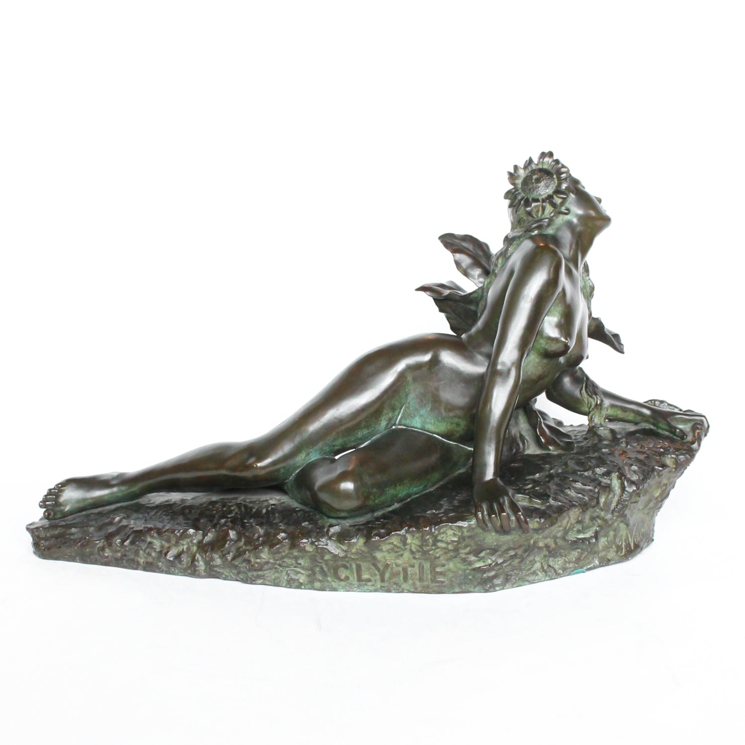 Clytie, a verdigris patinated bronze sculpture by François Louis Virieux (19th and 20thC). Depicts Clytie, the nymph infatuated with Helios, god of the sun. She eventually became a sunflower because, like the flower, she followed her unrequited love with her gaze wherever he went at Jeroen Markies.