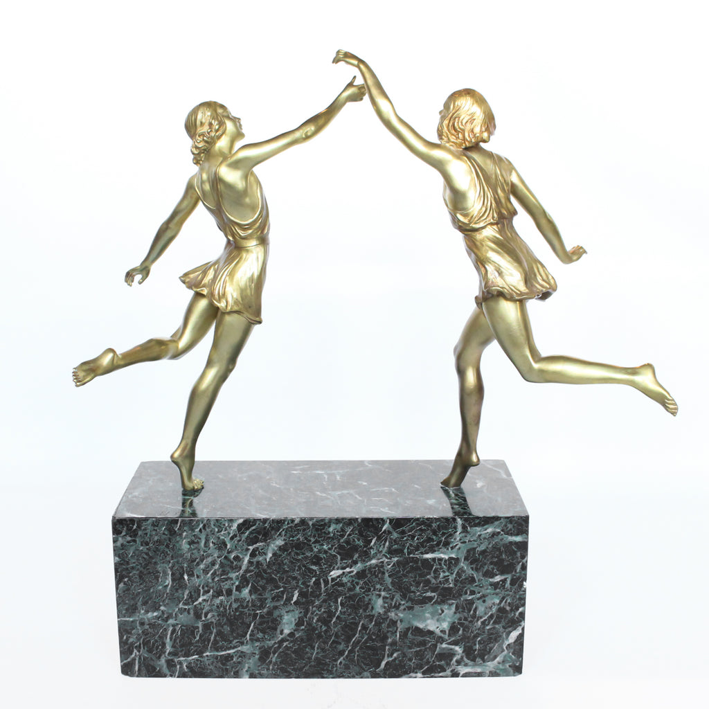 ‘Springtime’, an Art Deco gilt bronze sculpture of a pair of dancers in Grecian dress, set over a marble plinth with gilt bronze detail at Jeroen Markies