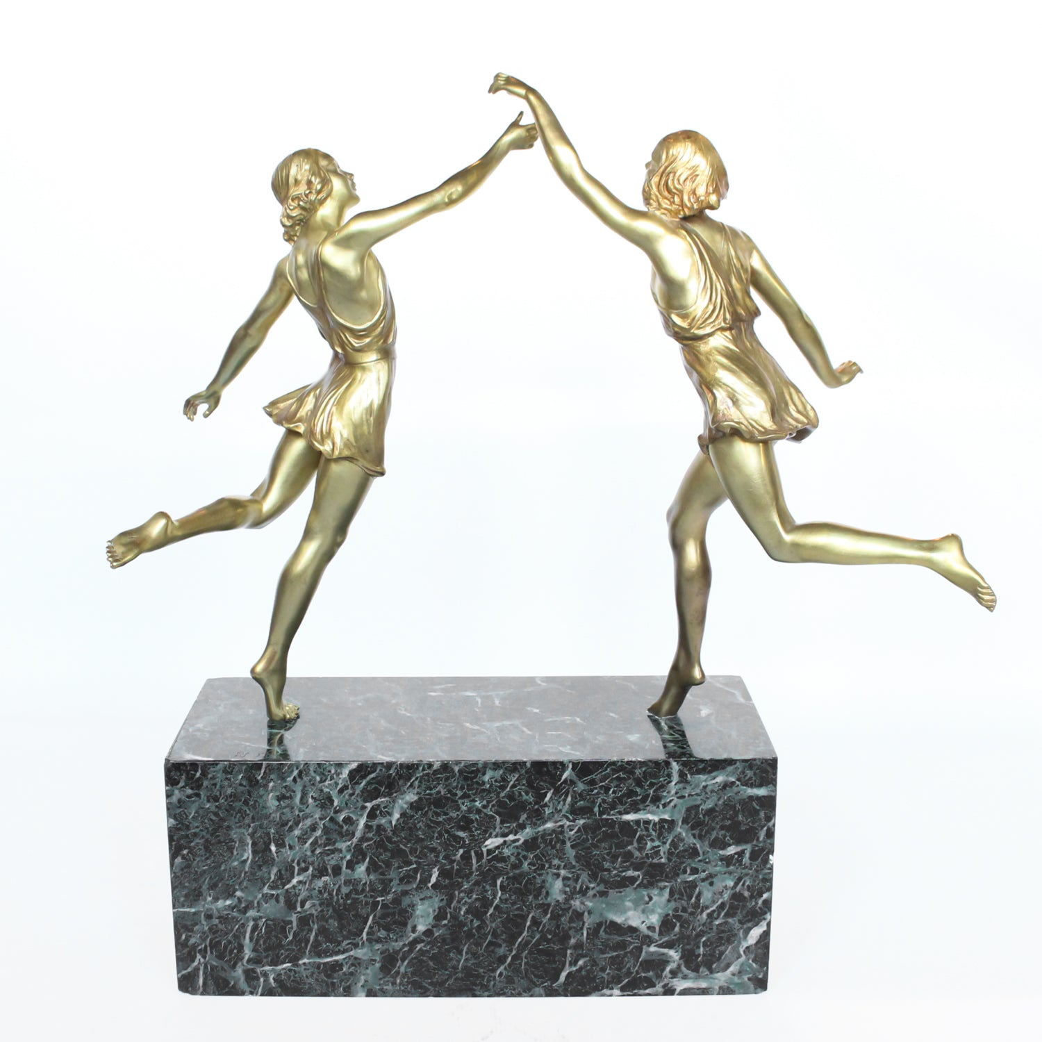 ‘Springtime’, an Art Deco gilt bronze sculpture of a pair of dancers in Grecian dress, set over a marble plinth with gilt bronze detail at Jeroen Markies