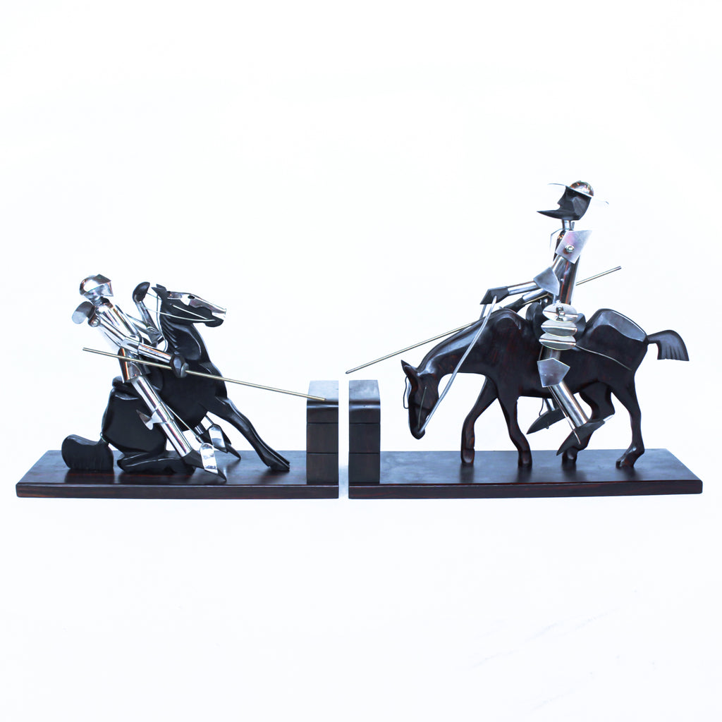 Don Quixote Bookends. Walnut and silver-plated metal in the style of Hagenauer