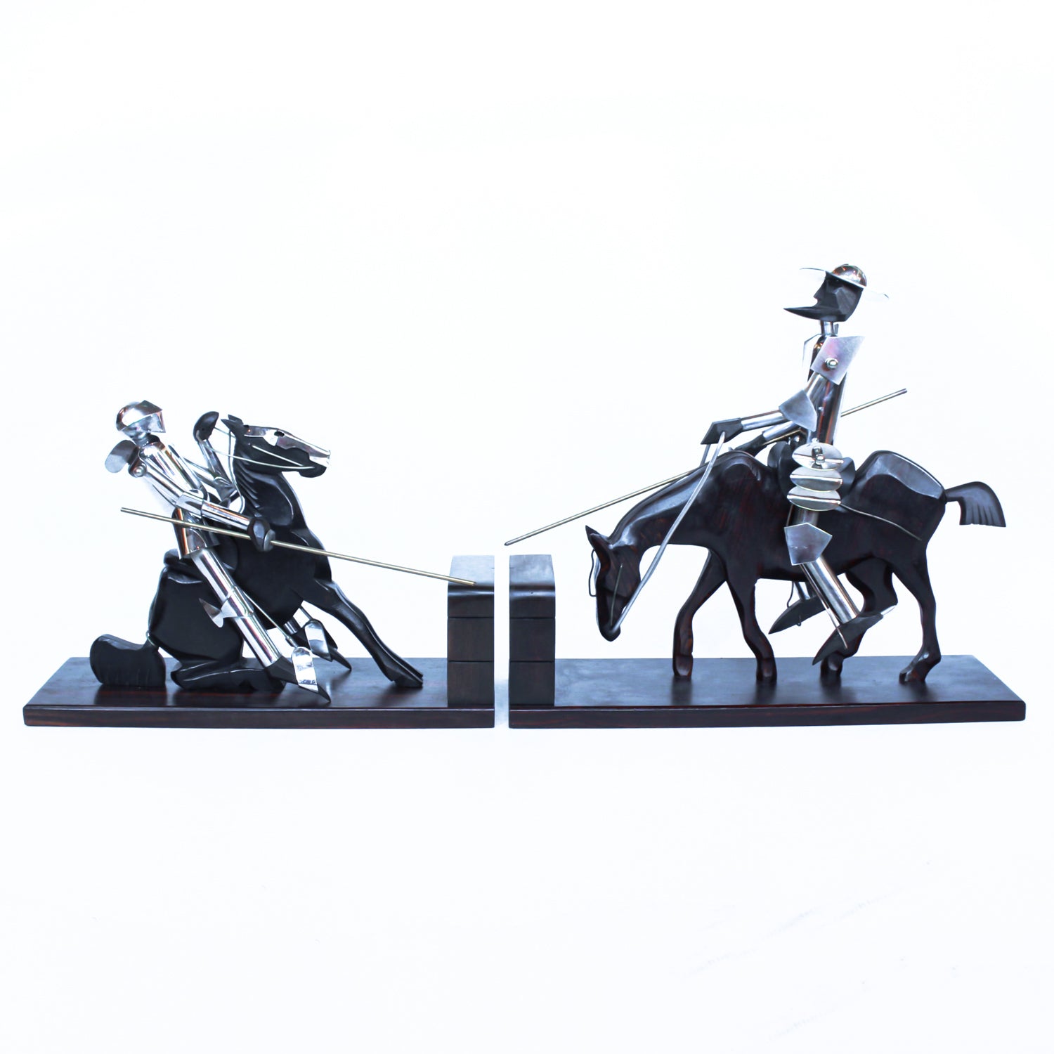 Don Quixote Bookends. Walnut and silver-plated metal in the style of Hagenauer
