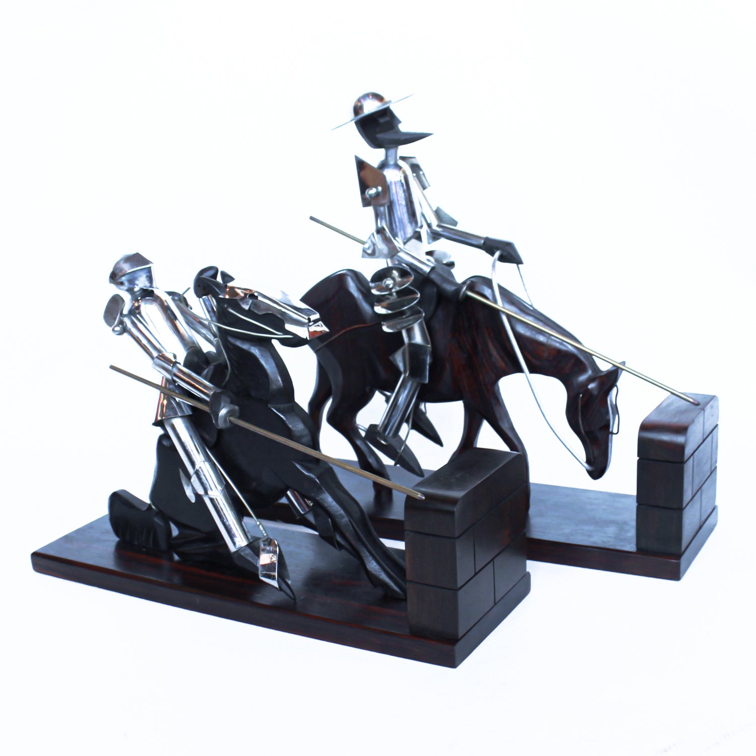 Don Quixote Bookends. Walnut and silver-plated metal in the style of Hagenauer