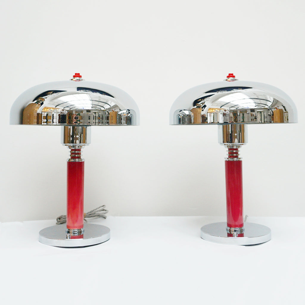 Art Deco Crimson Red Dome Lamps Bakelite and Chromed Metal - Jeroen Markies Art Deco