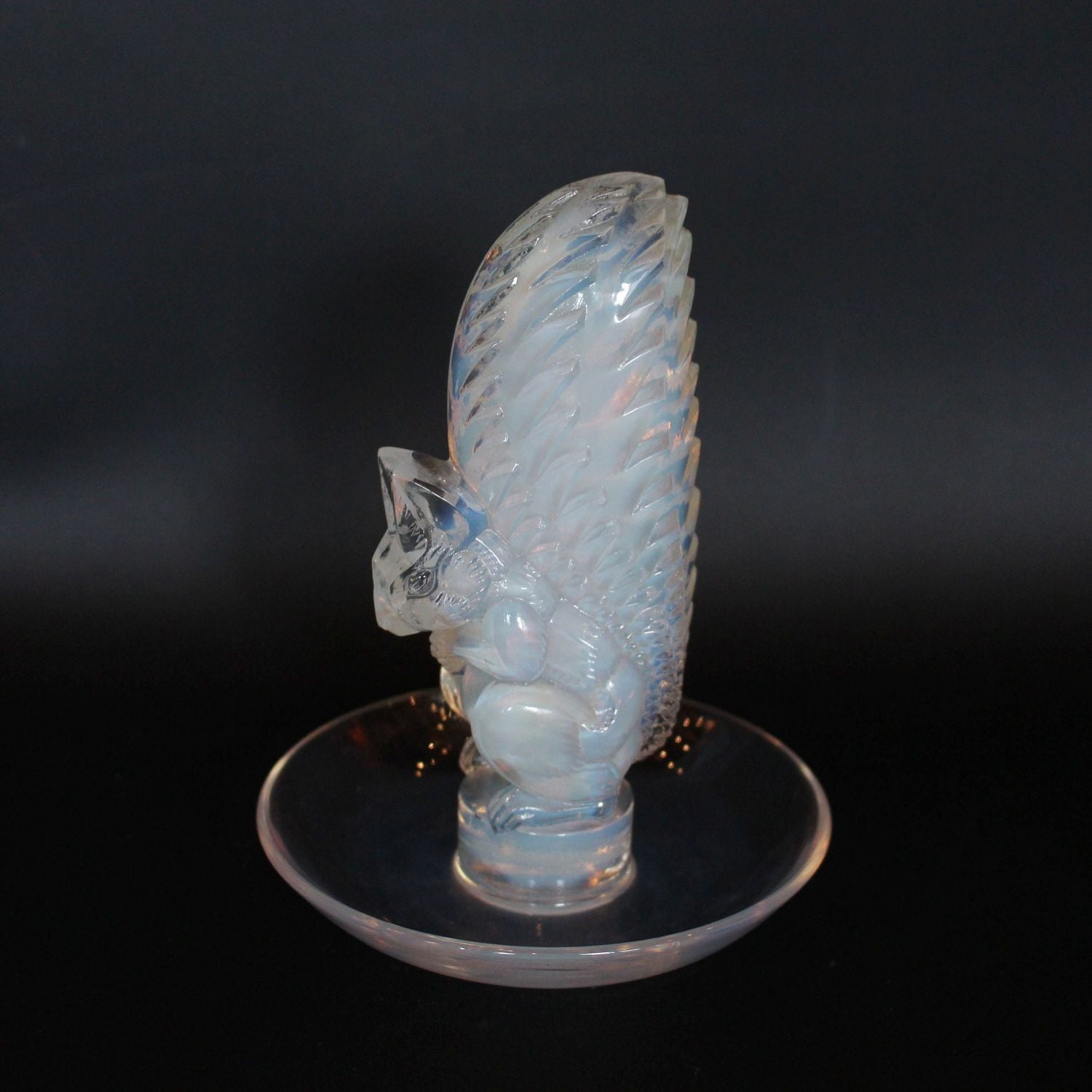 Art Deco Lalique Ecureuil squirrel dish in opalescent glass at Jeroen Markies