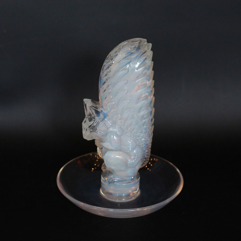 Art Deco Lalique Ecureuil squirrel dish in opalescent glass at Jeroen Markies