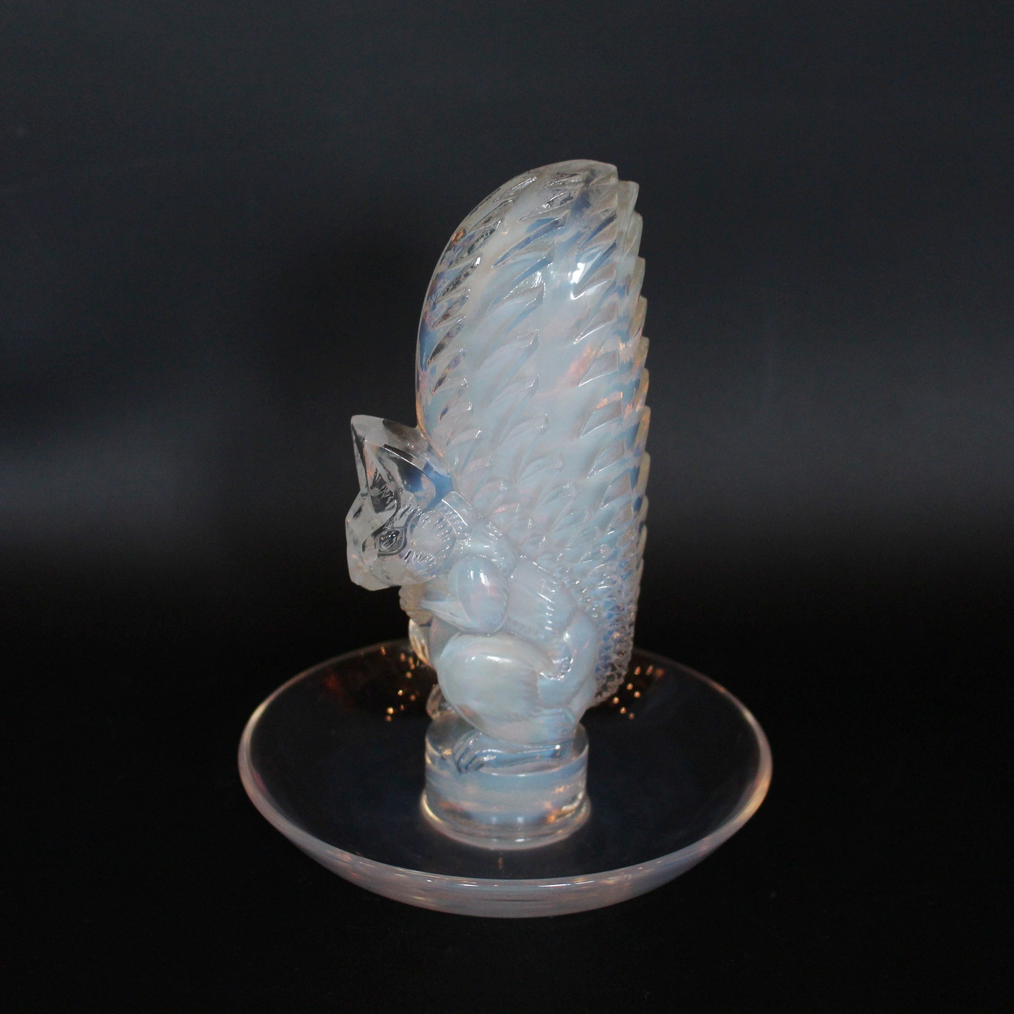 Art Deco Lalique Ecureuil squirrel dish in opalescent glass at Jeroen Markies