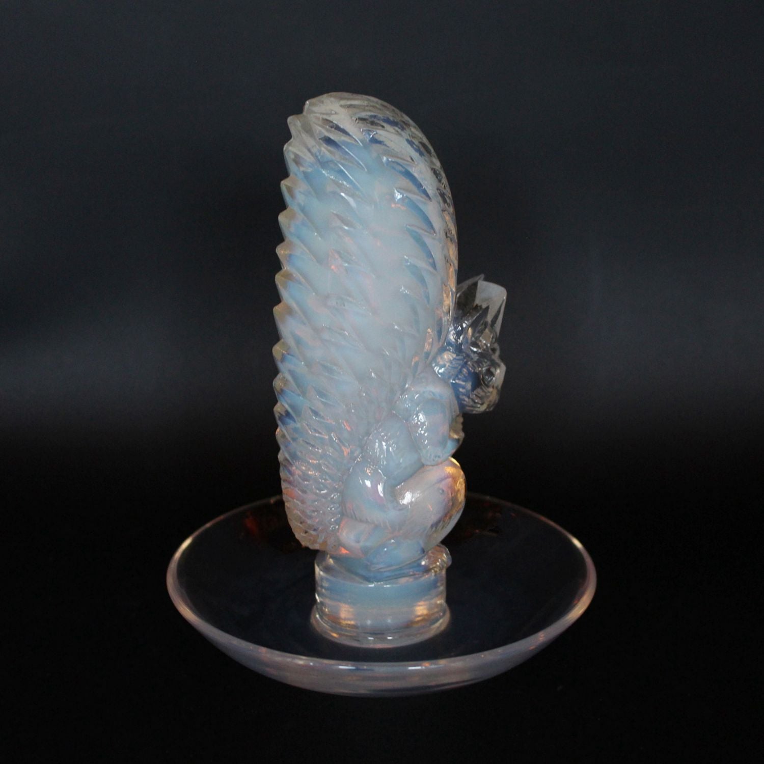 Art Deco Lalique Ecureuil squirrel dish in opalescent glass at Jeroen Markies