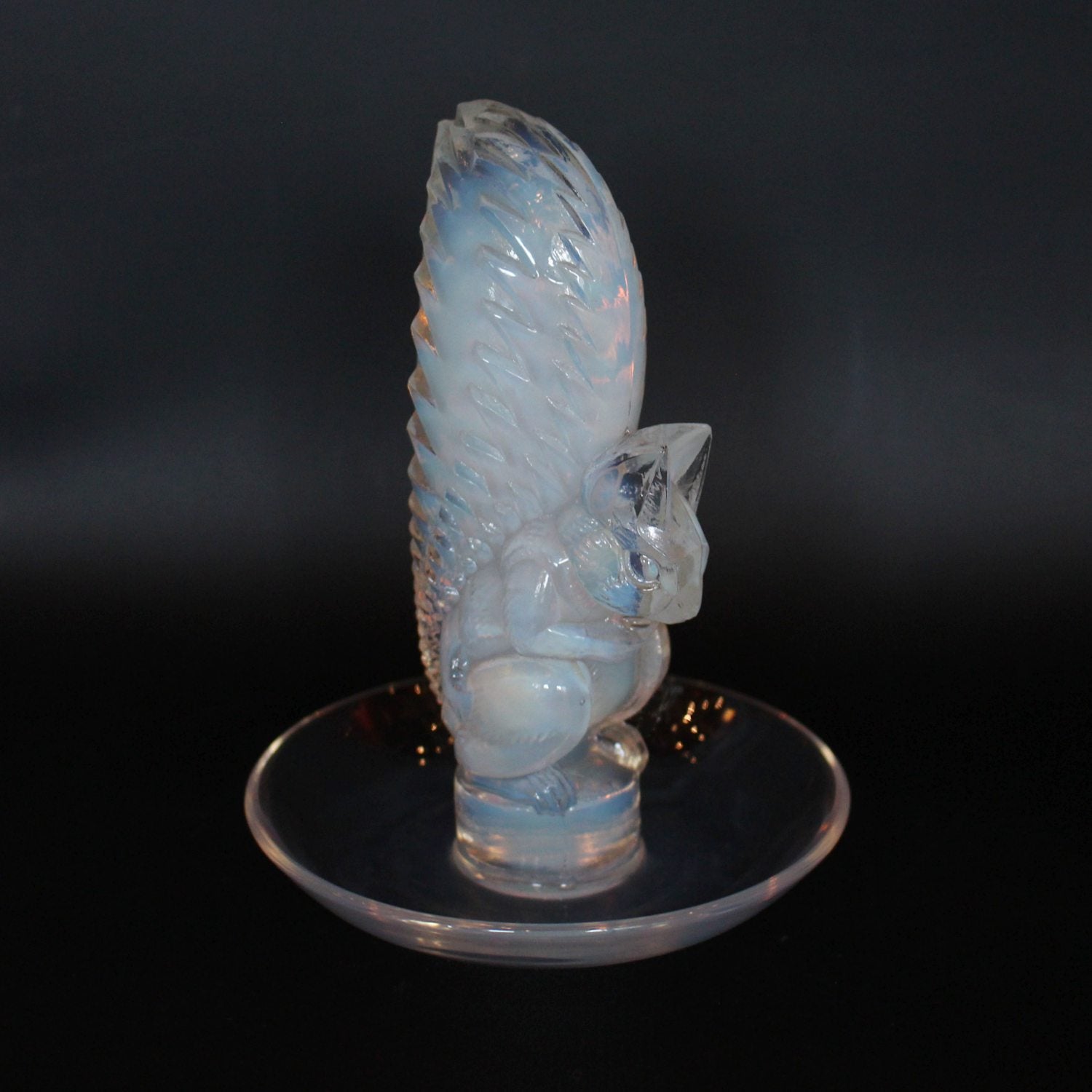 Art Deco Lalique Ecureuil squirrel dish in opalescent glass at Jeroen Markies