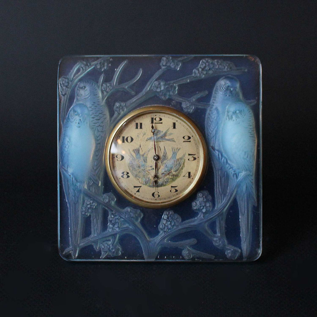 Art Deco Rene Lalique Inseparables clock with hand painted face at Jeroen Markies