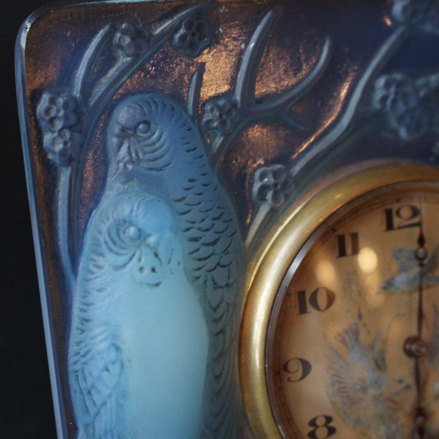 Art Deco Rene Lalique Inseparables clock with hand painted face at Jeroen Markies