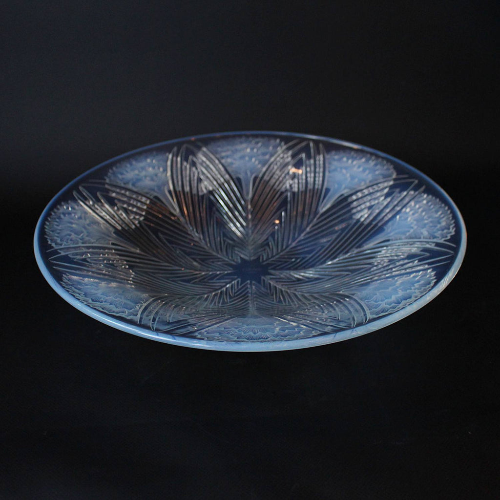 Eillets - Lalique Glass - an Art Deco coupe dish Opalescent glass covered over with raised, motif of carnations with geometrically patterned leaves.