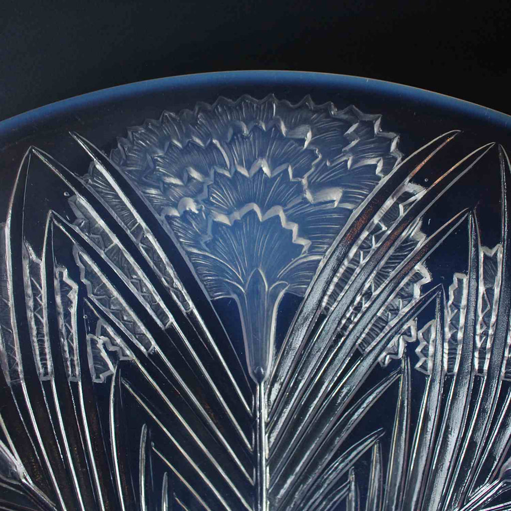 Eillets - Lalique Glass - an Art Deco coupe dish Opalescent glass covered over with raised, motif of carnations with geometrically patterned leaves.