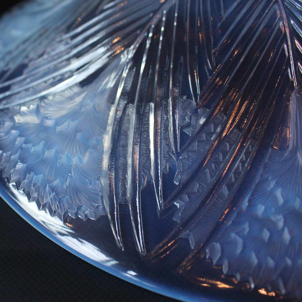 Eillets - Lalique Glass - an Art Deco coupe dish Opalescent glass covered over with raised, motif of carnations with geometrically patterned leaves.