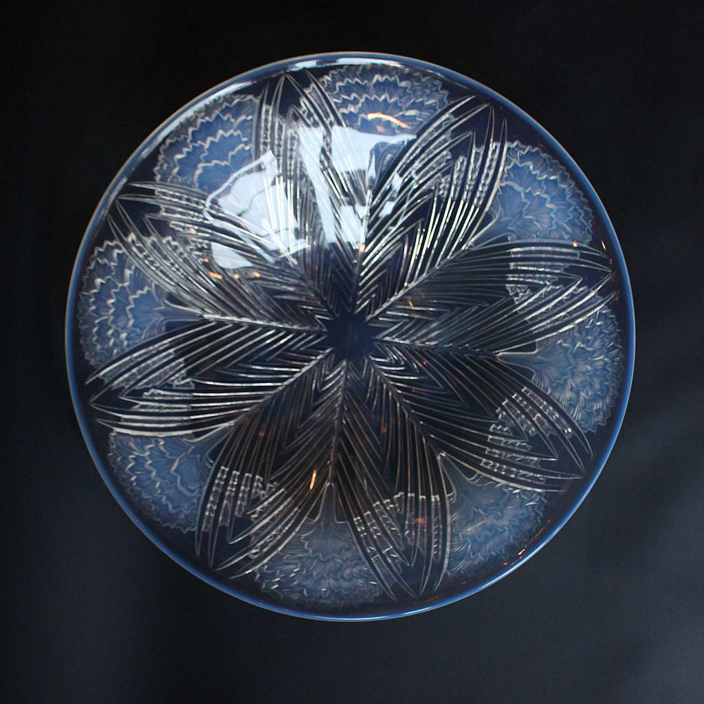 Eillets - Lalique Glass - an Art Deco coupe dish Opalescent glass covered over with raised, motif of carnations with geometrically patterned leaves.