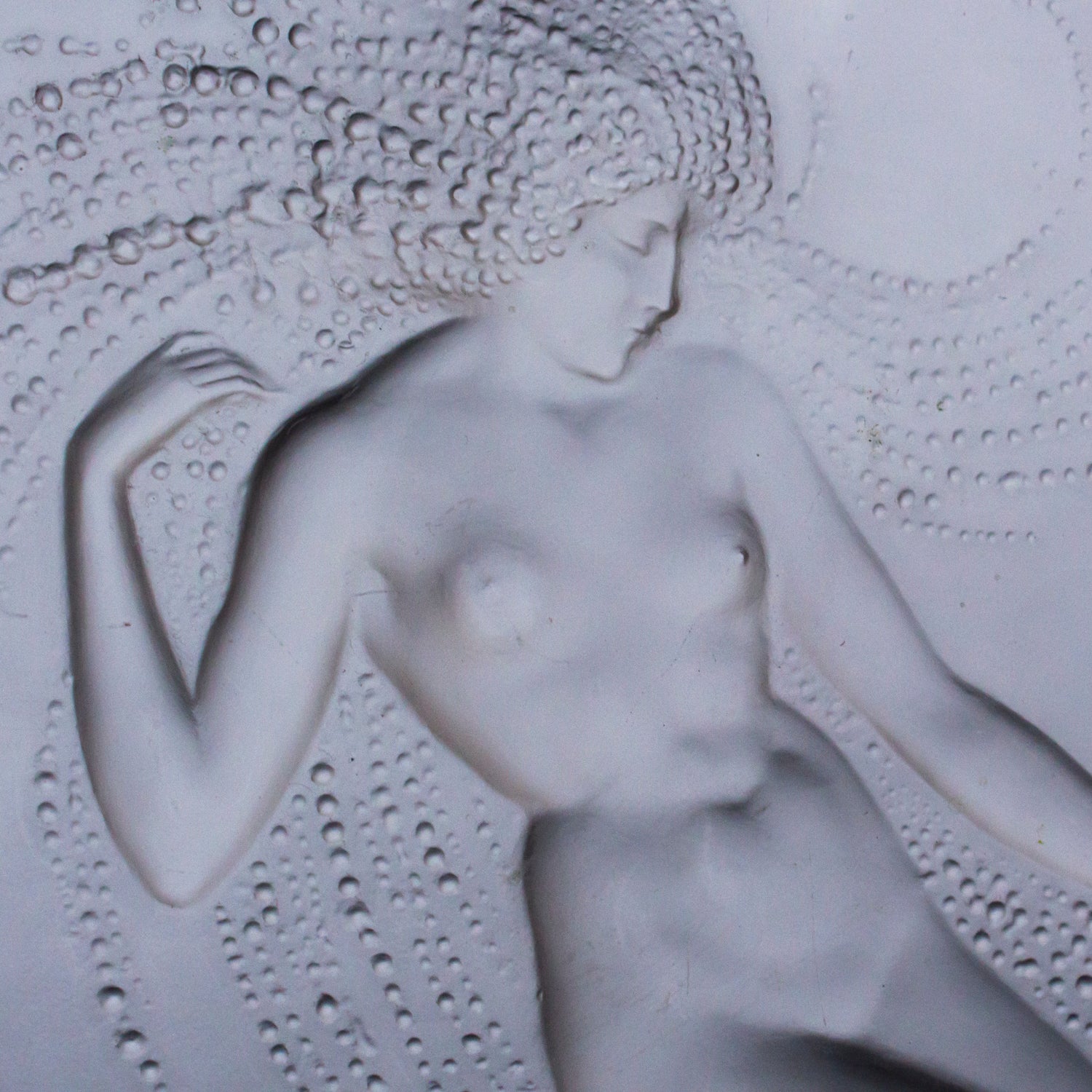 Sirene Coupe  an Art Deco ‘trepied’ glass coupe by Lalique Glass of frosted glass with raised opalescent design in the form of a mermaid frolicking in swirling waters set on three raised feet.