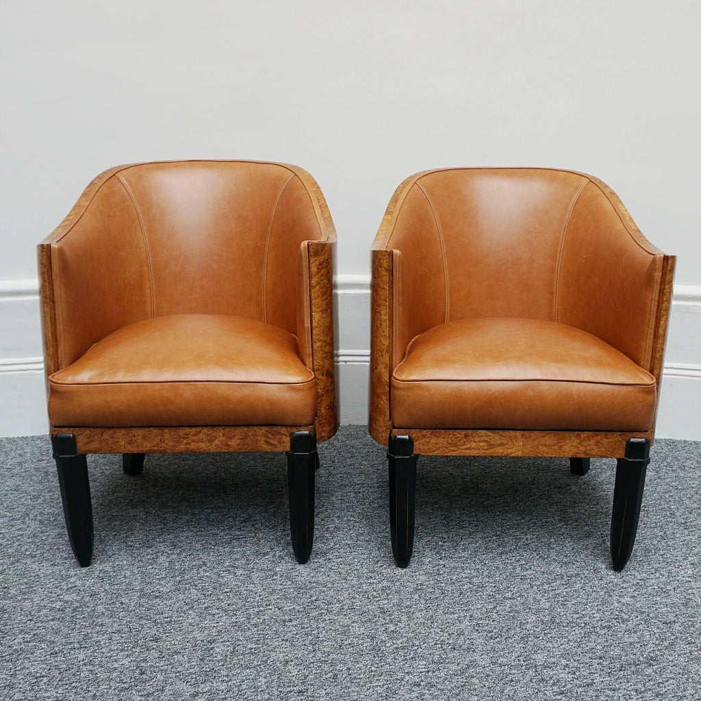 Original Vintage Art Deco Club Armchairs in Brown leather and walnut - Jeroen Markies Art Deco 